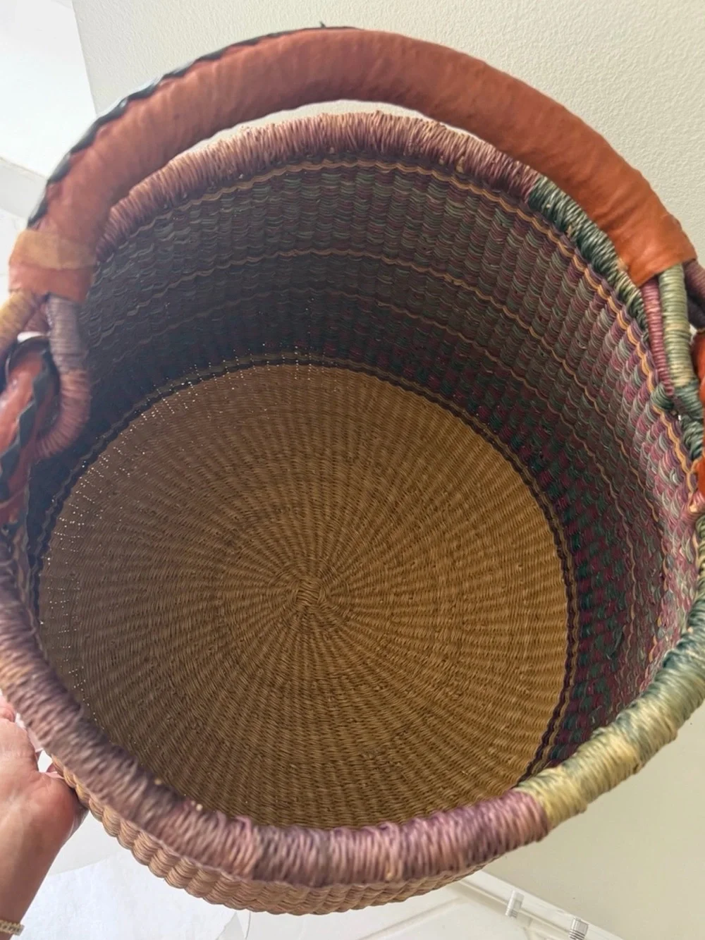 Handwoven Bolga Storage Basket in Brown and Green with Wrapped Handles